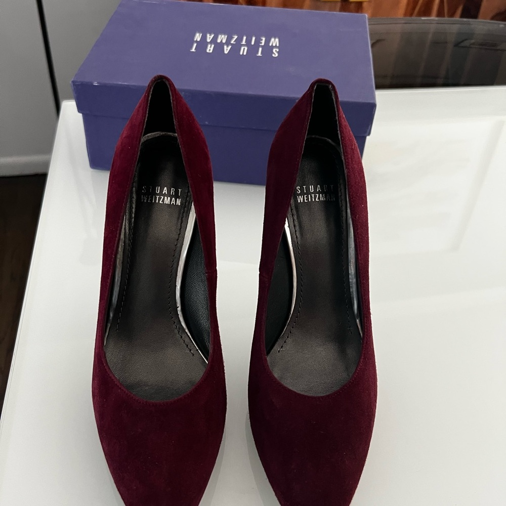 Stuart Weitzman burgundy velvet pin heel stilettos.